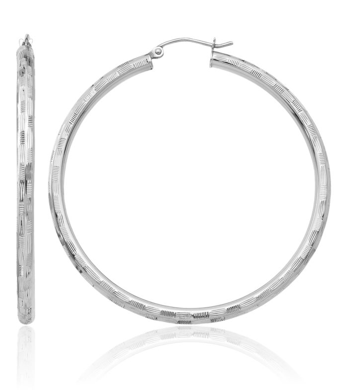 14K Solid White Gold Round Large Hoop Earrings