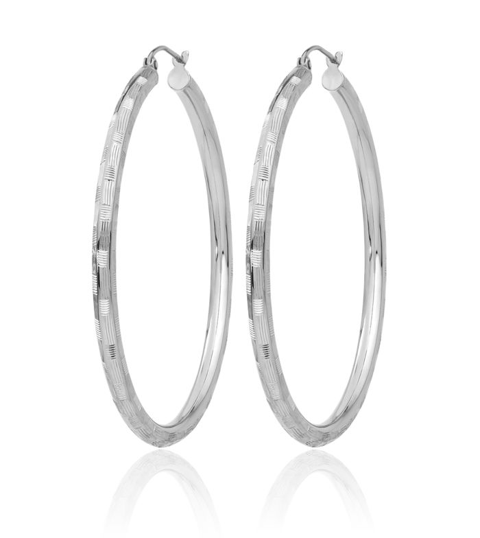 14K Solid White Gold Round Large Hoop Earrings