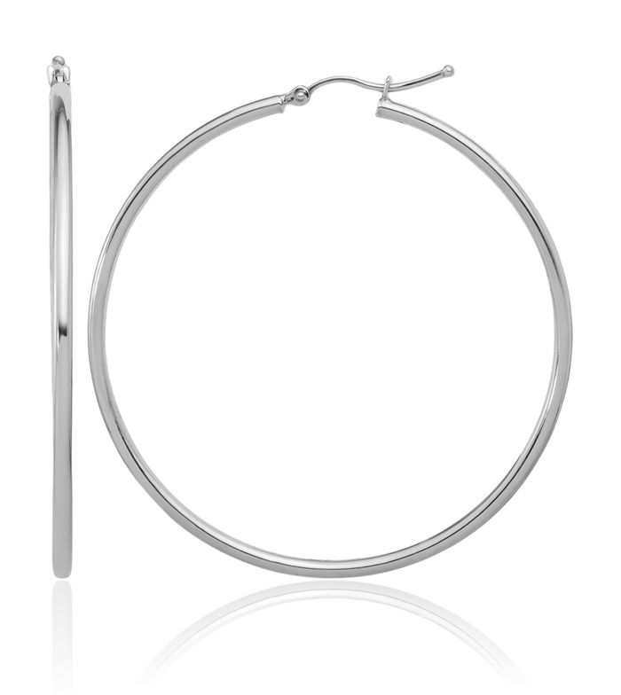 14K Solid White Gold Round Large Hoop Earrings