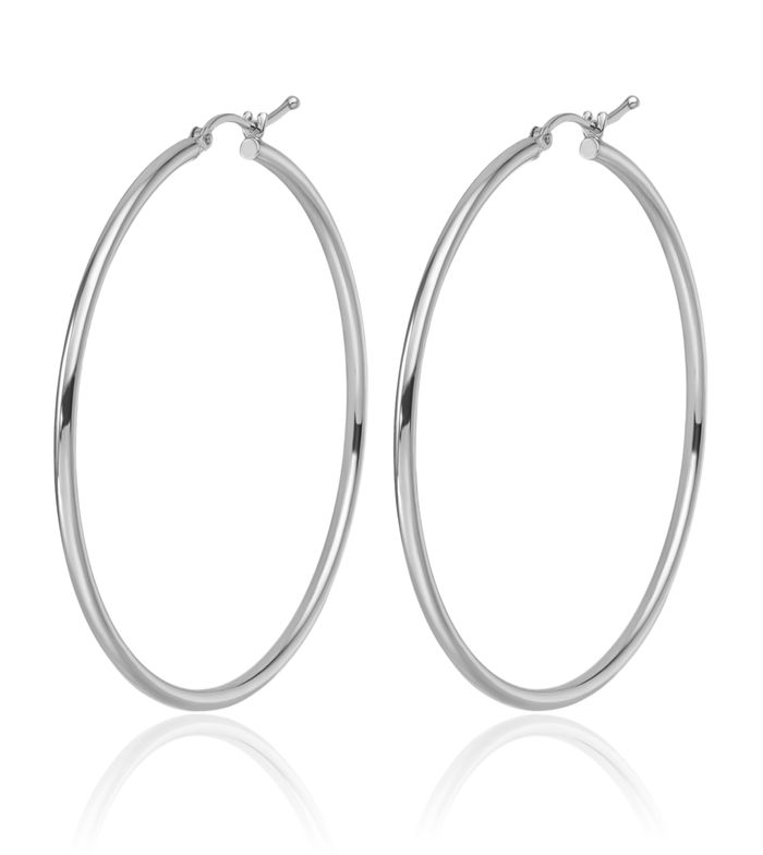 14K Solid White Gold Round Large Hoop Earrings