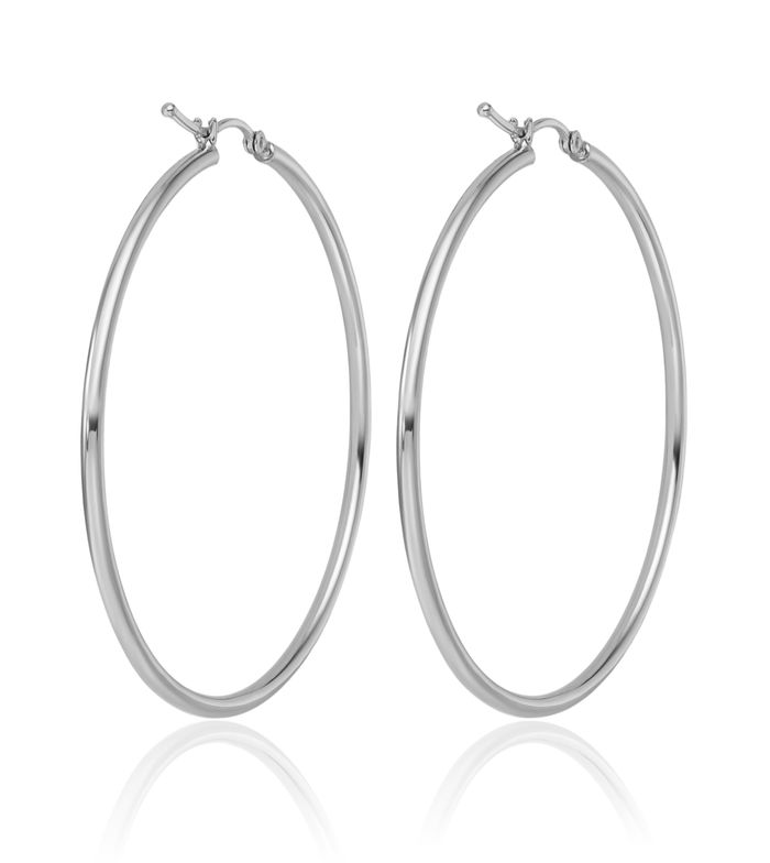 14K Solid White Gold Round Large Hoop Earrings