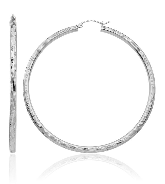 14K Solid White Gold Round Large Hoop Earrings