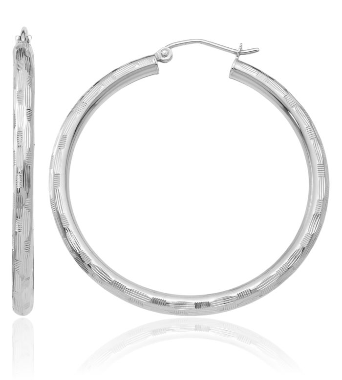 14K Solid White Gold Round Large Hoop Earrings