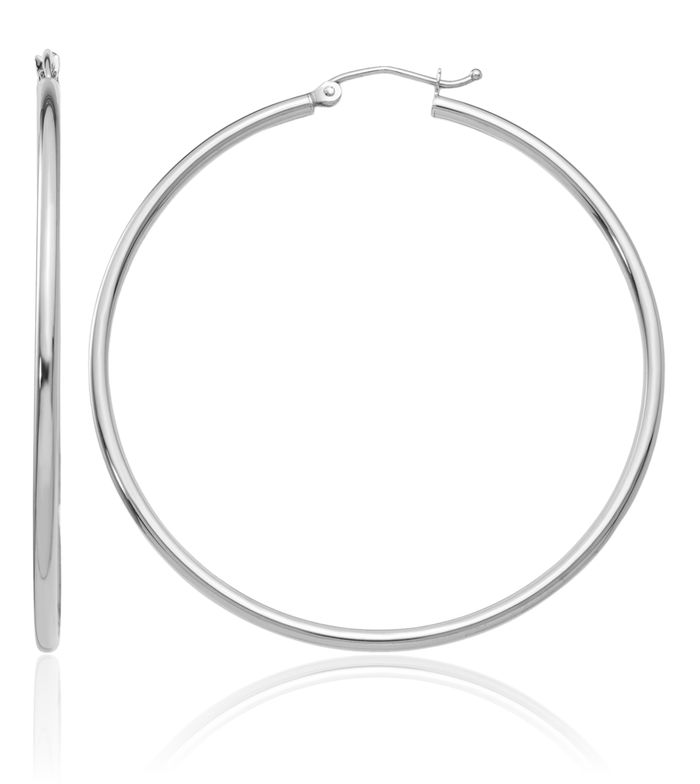 14K Solid White Gold Tube Round Large Hoop Earrings