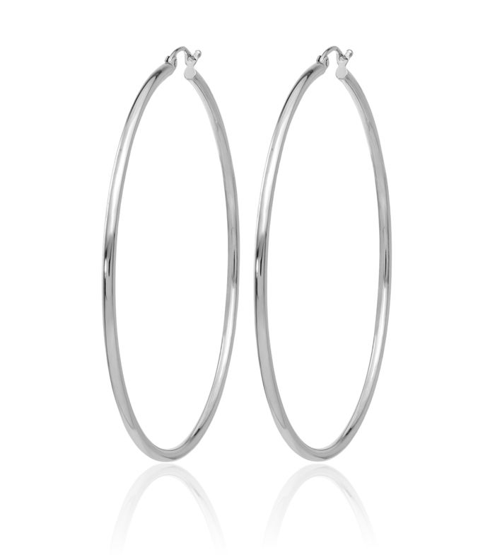 14K Solid White Gold Tube Round Large Hoop Earrings