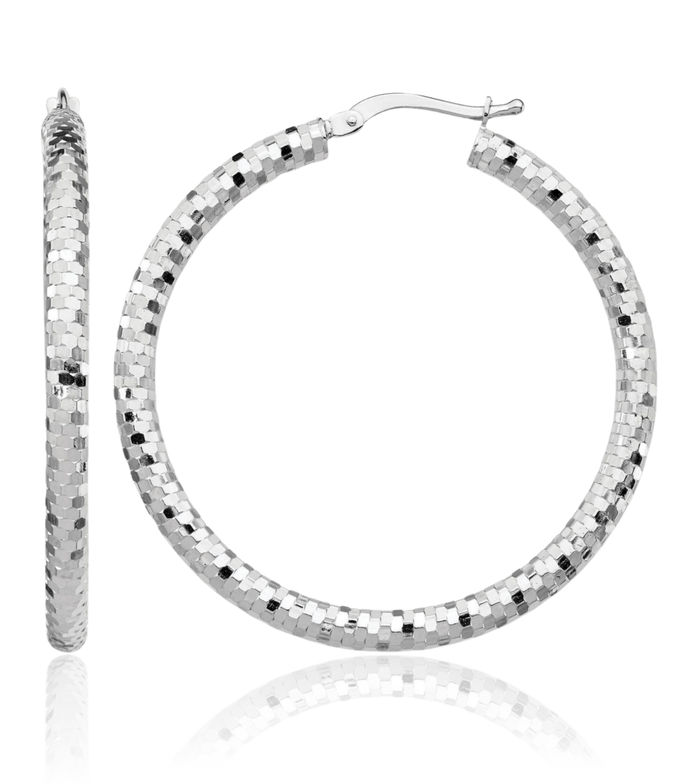 14K Solid White Gold Round Large Hoop Earrings