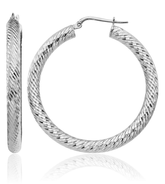 14K Solid White Gold Round Large Hoop Earrings