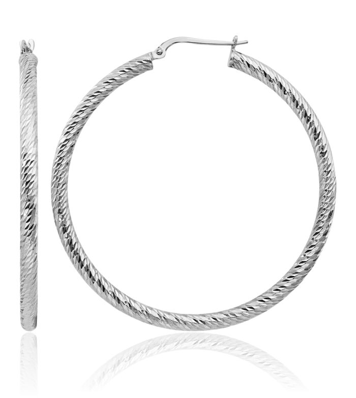 14K Solid White Gold Round Large Hoop Earrings