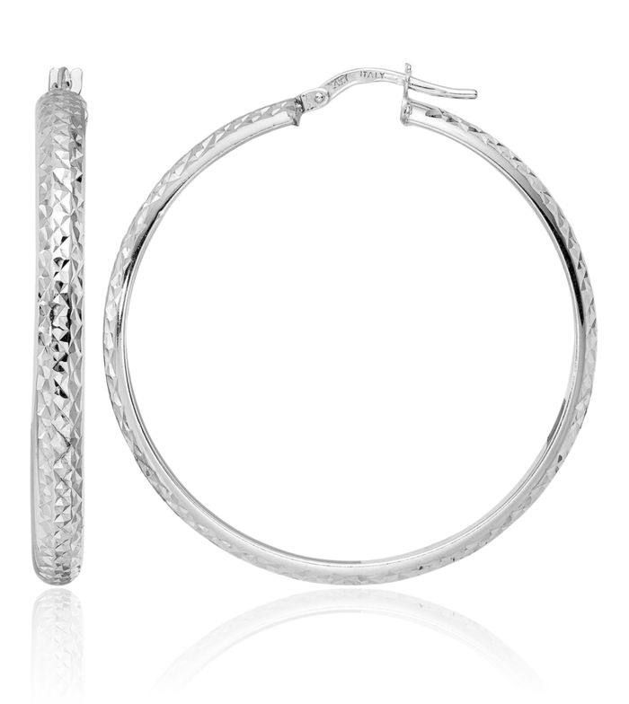 14K Solid White Gold Round Large Hoop Earrings