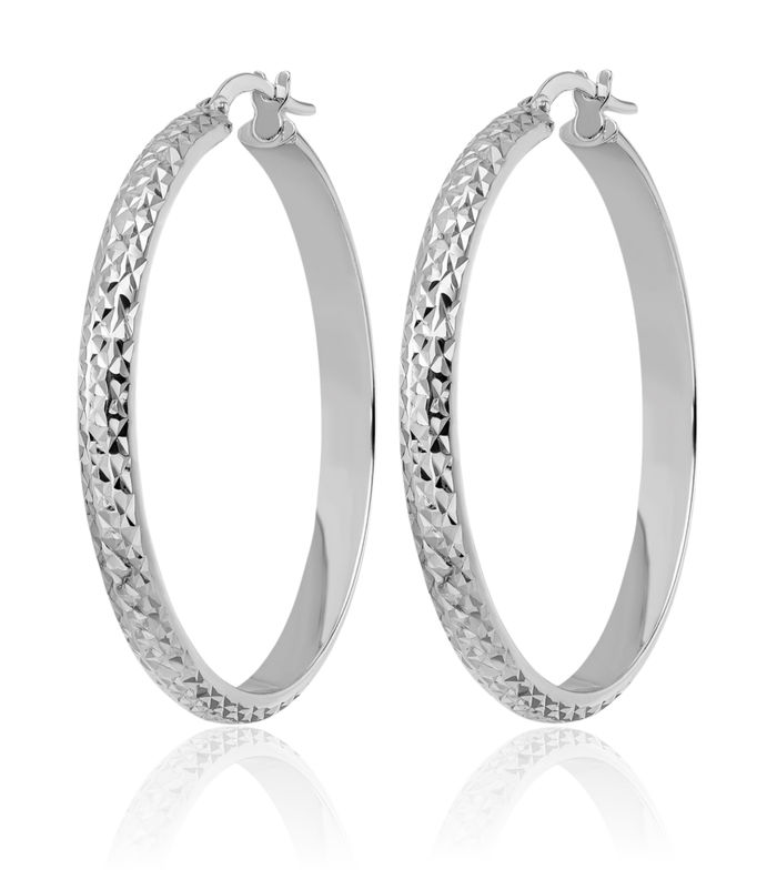 14K Solid White Gold Round Large Hoop Earrings