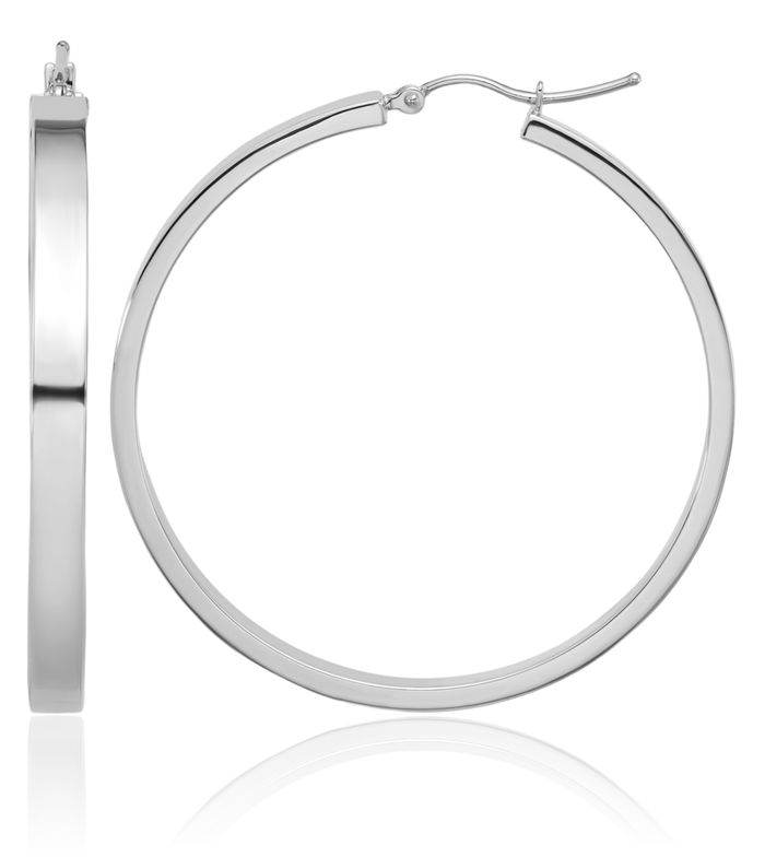 14K Solid White Gold Round Large Hoop Earrings