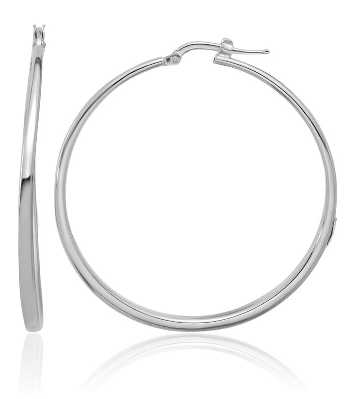 14K Solid White Gold Round Large Hoop Earrings