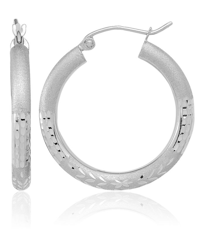 14K Solid White Gold Round Medium Hoop Earrings