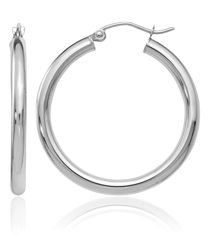 14K Solid White Gold Round Medium Hoop Earrings
