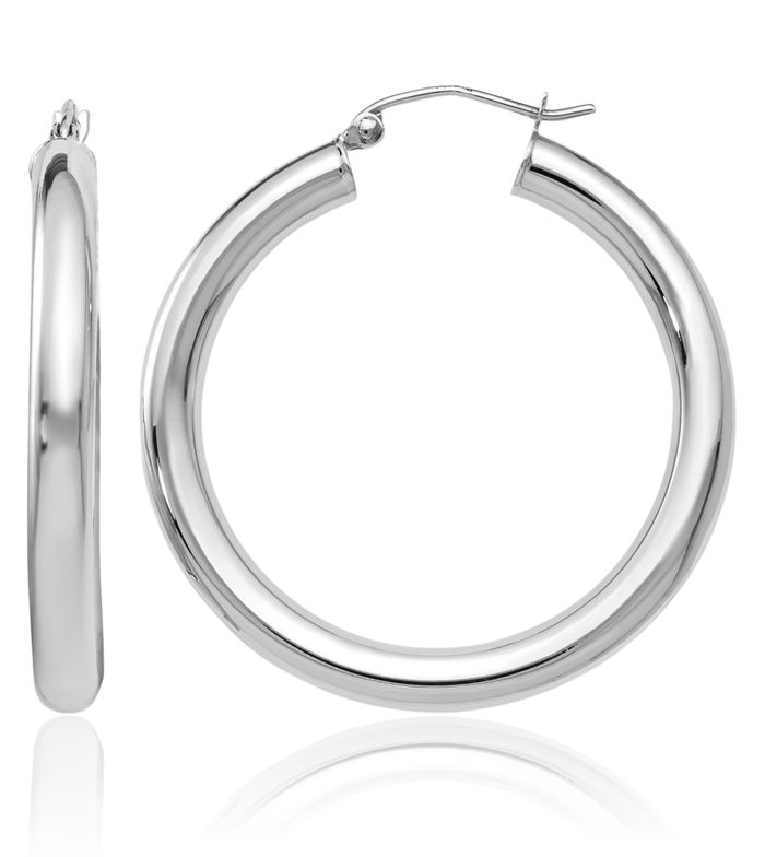 14K Solid White Gold Round Medium Hoop Earrings