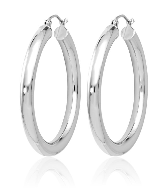 14K Solid White Gold Round Medium Hoop Earrings