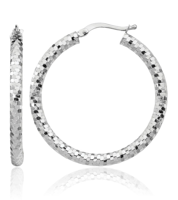 14K Solid White Gold Round Medium Hoop Earrings