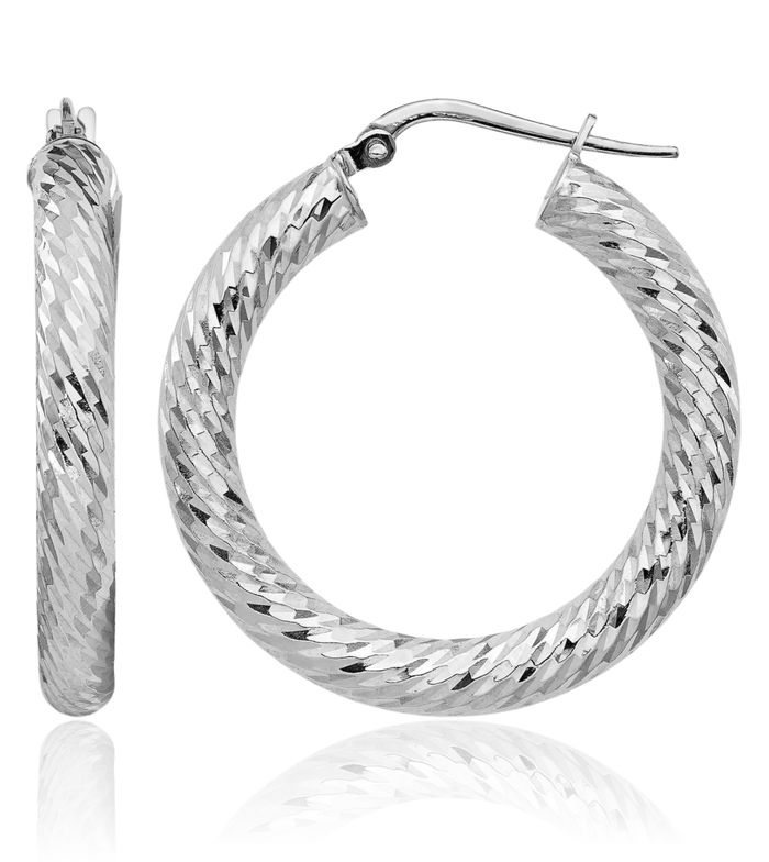 14K Solid White Gold Round Medium Hoop Earrings