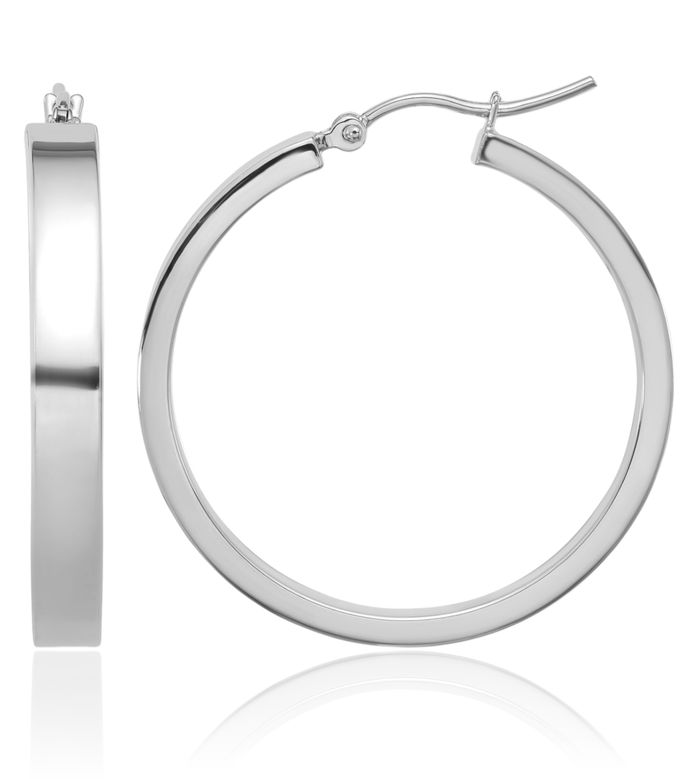 14K Solid White Gold Round Medium Hoop Earrings