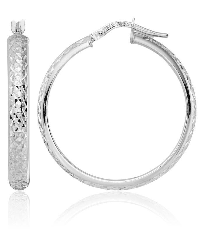 14K Solid White Gold Round Medium Hoop Earrings