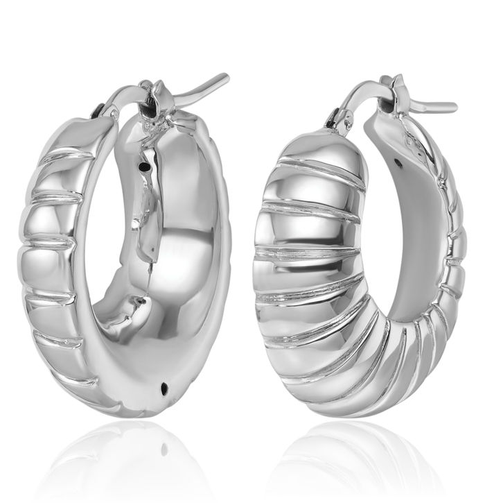 14K Solid White Gold Round Medium Hoop Earrings