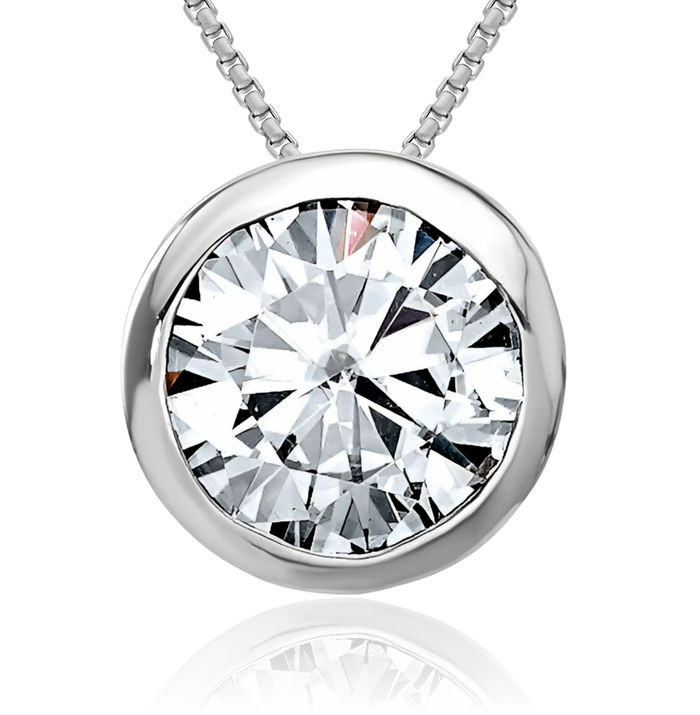 14K Solid White Gold Round Moissanite Floating Chain Slide Pendant Necklace Charm