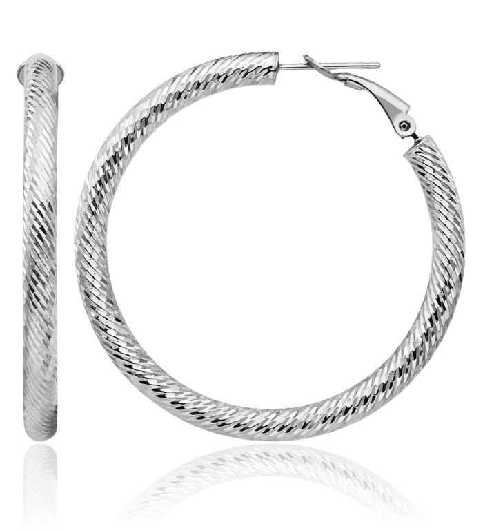 14K Solid White Gold Round Omega Clip Back Post Large Hoop Earrings