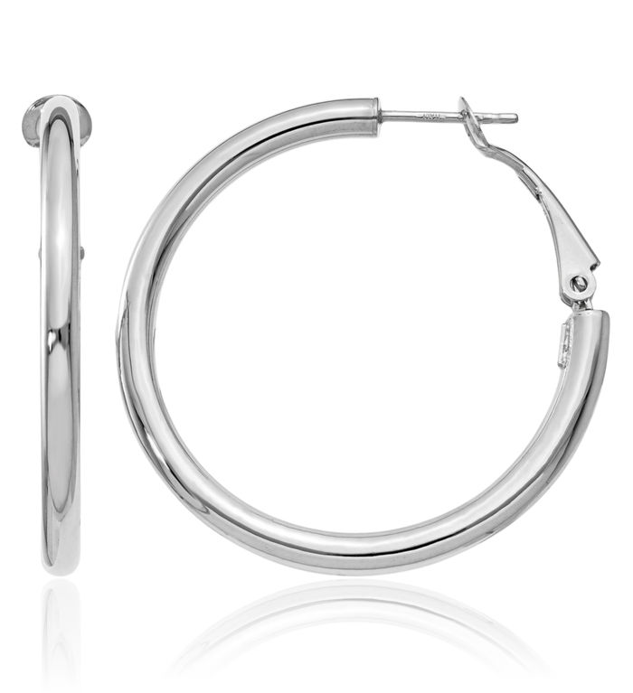 14K Solid White Gold Round Omega Clip Back Post Medium Hoop Earrings