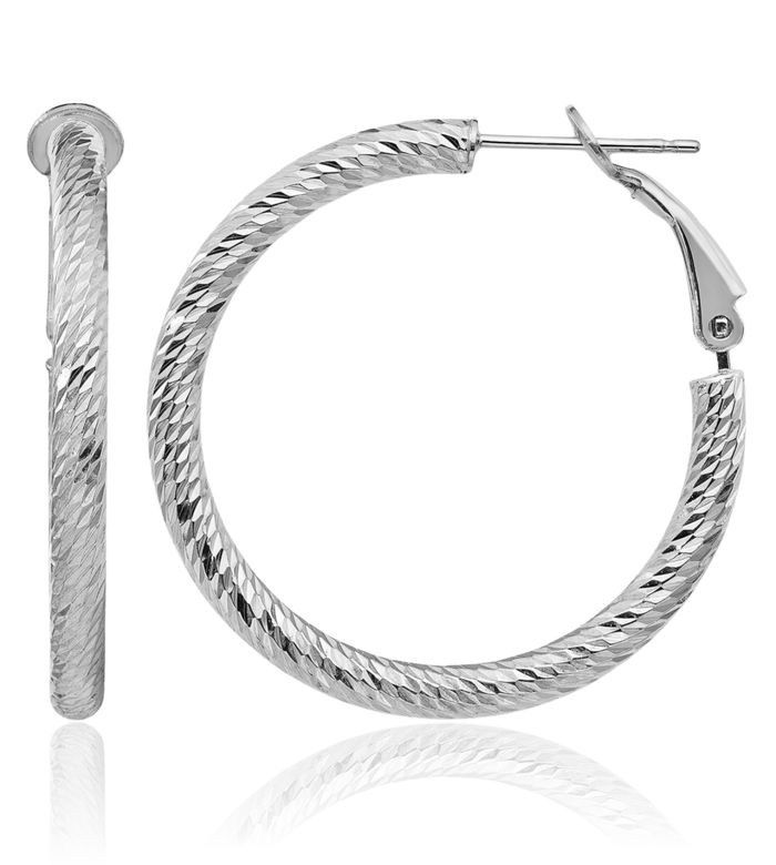 14K Solid White Gold Round Omega Clip Back Post Medium Hoop Earrings