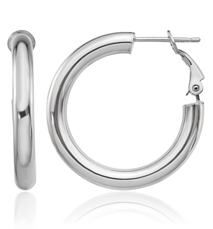 14K Solid White Gold Round Omega Clip Back Post Medium Hoop Earrings