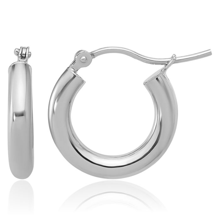 14K Solid White Gold Round Small Hoop Earrings