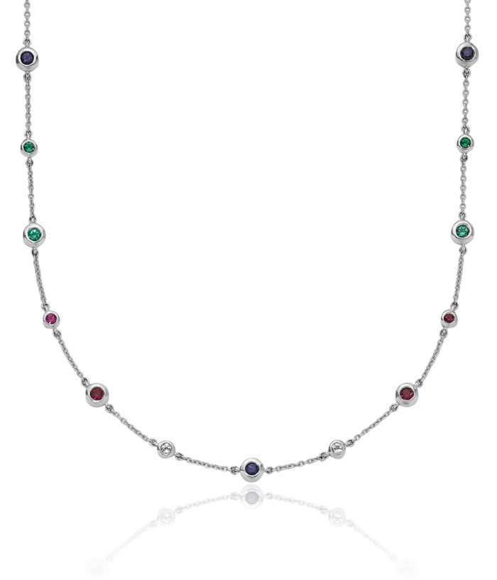 14K Solid White Gold Red Ruby Blue Sapphire Green Emerald Topaz Station Chain Necklace Gemstone Pendant Charm