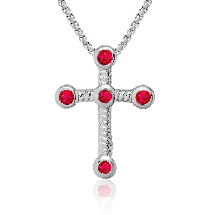 14K Solid White Gold Red Ruby Holy Cross Floating Chain Slide Pendant Necklace Religious Jesus Christ Charm