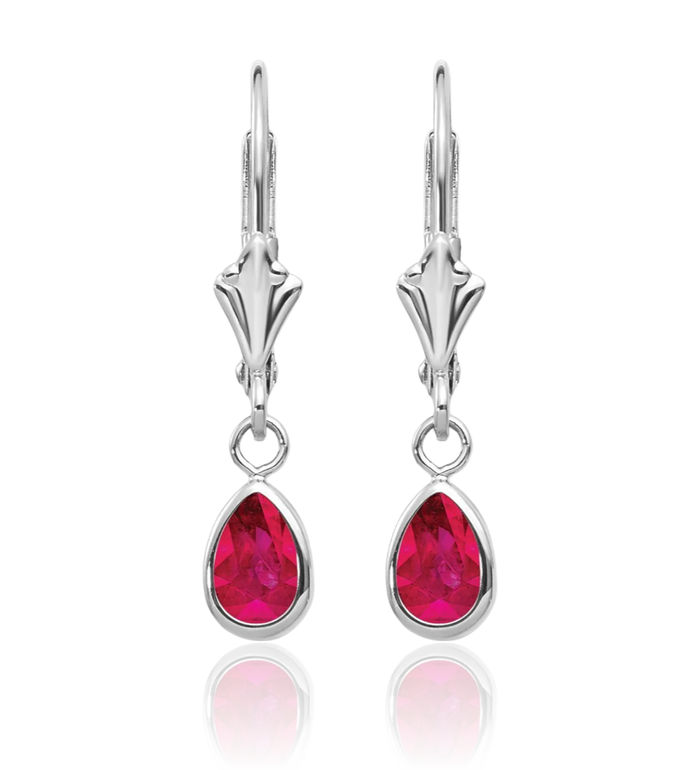 14K Solid White Gold Red Ruby Drop Dangle Earrings Pear Teardrop Gemstone July Birthstone Jewelry