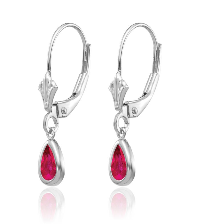 14K Solid White Gold Red Ruby Drop Dangle Earrings Pear Teardrop Gemstone July Birthstone Jewelry