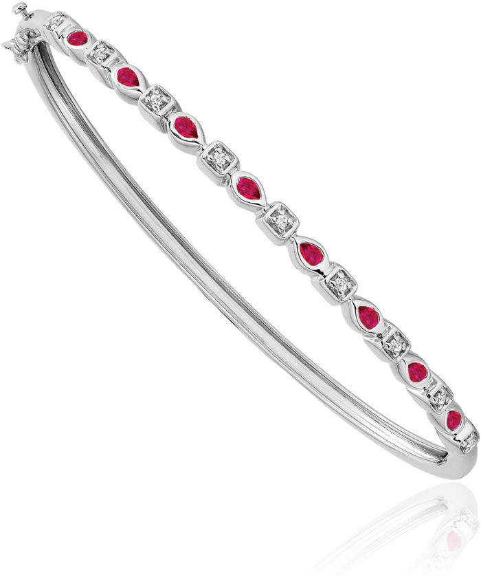 14K Solid White Gold Red Ruby Diamond Gemstone Bangle Bracelet