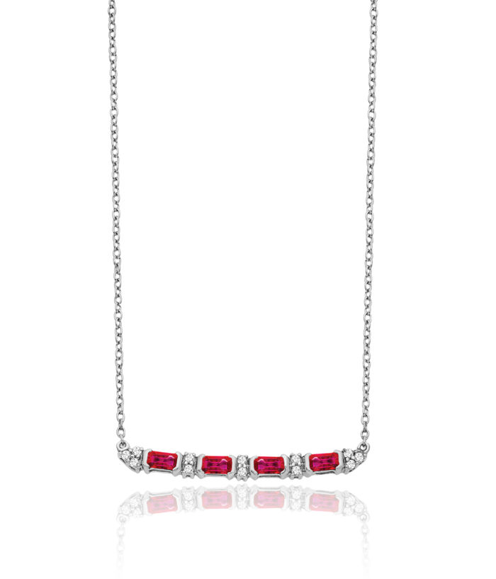 14K Solid White Gold Red Ruby Diamond Bar Chain Necklace Gemstone Pendant Charm