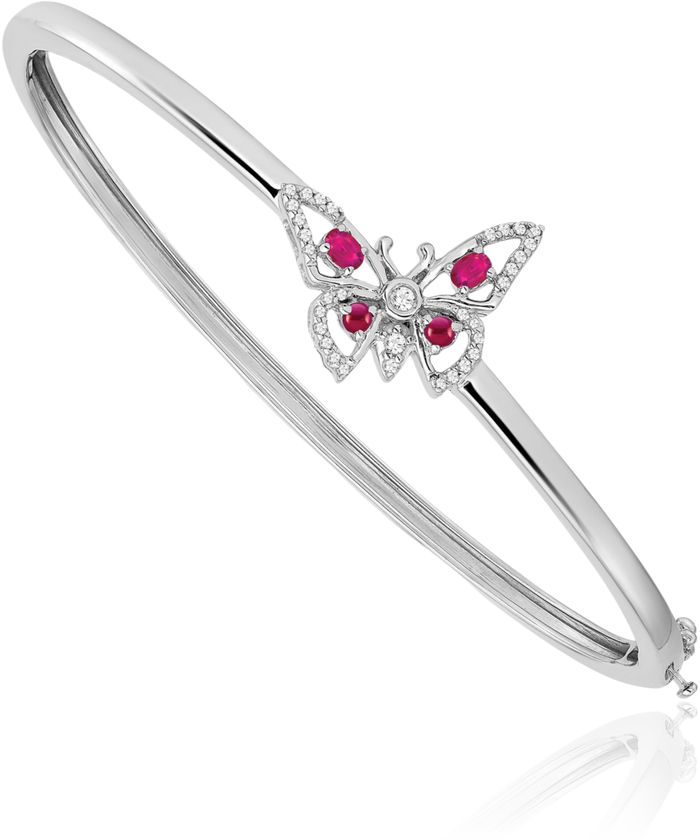 14K Solid White Gold Red Ruby Diamond Butterfly Wings Gemstone Bangle Bracelet