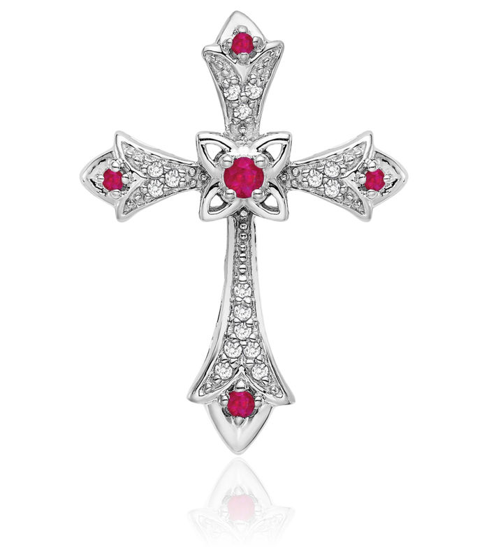 14K Solid White Gold Red Ruby Diamond Fleur De Lis Flower Holy Cross Floating Chain Slide Pendant Necklace Religious Jesus Christ Charm