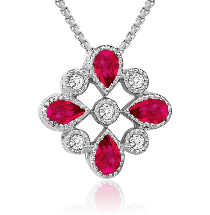 14K Solid White Gold Red Ruby Diamond Floating Chain Slide Gemstone Pendant Necklace Charm