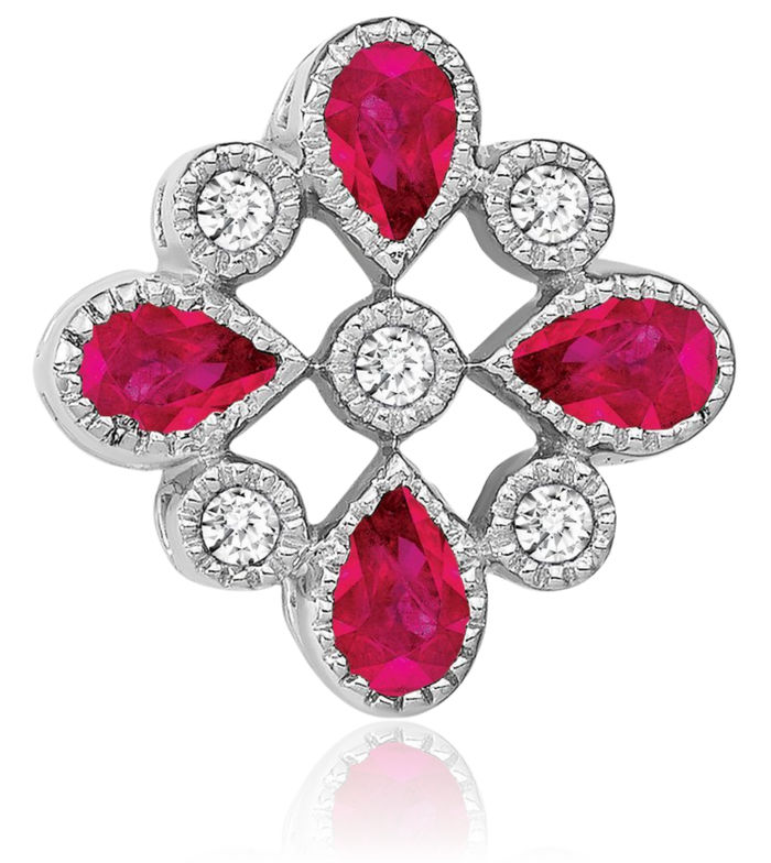 14K Solid White Gold Red Ruby Diamond Floating Chain Slide Gemstone Pendant Necklace Charm