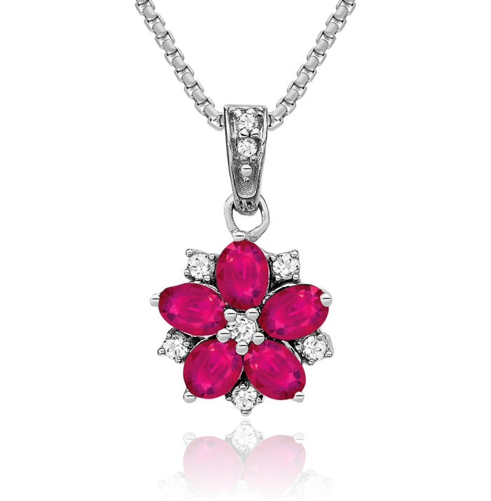 14K Solid White Gold Red Ruby Diamond Flower Necklace Charm Gemstone Pendant