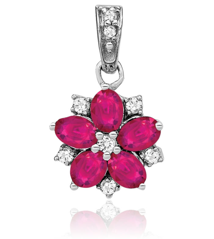 14K Solid White Gold Red Ruby Diamond Flower Necklace Charm Gemstone Pendant