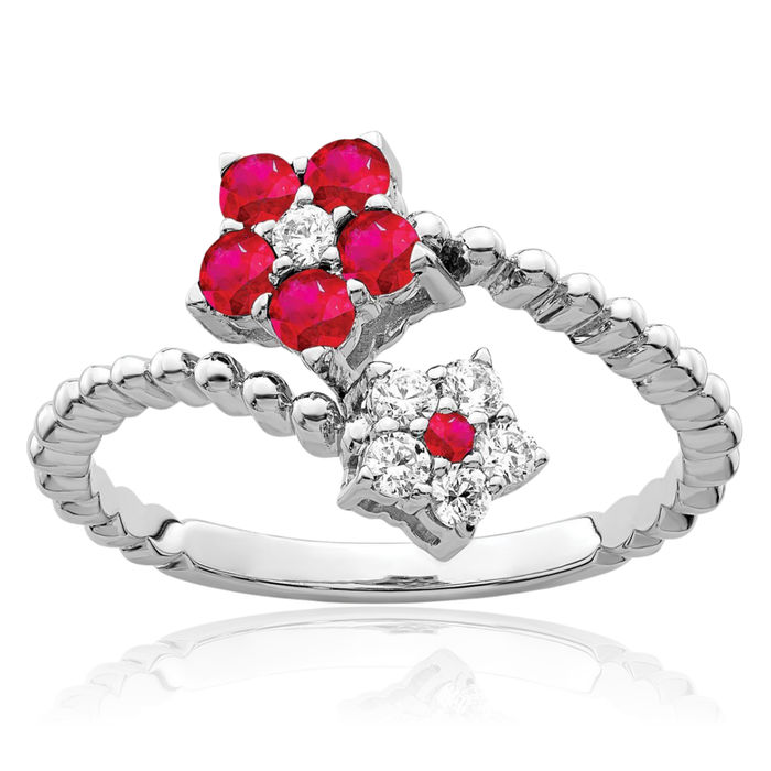 14K Solid White Gold Red Ruby Diamond Flower Ring Gemstone Band July Birthstone Jewelry