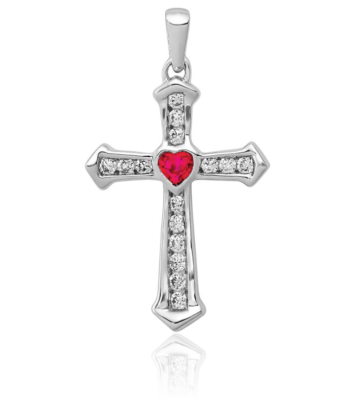 14K Solid White Gold Red Ruby Diamond Heart Holy Cross Necklace Religious Chain Pendant Jesus Christ Charm