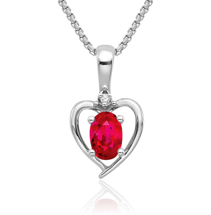 14K Solid White Gold Red Ruby Diamond Heart Necklace Gemstone Pendant Charm April July Birthstone Jewelry