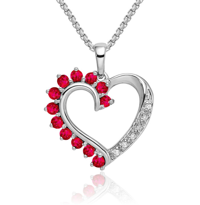 14K Solid White Gold Red Ruby Diamond Heart Necklace Gemstone Pendant Charm April Birthstone Jewelry