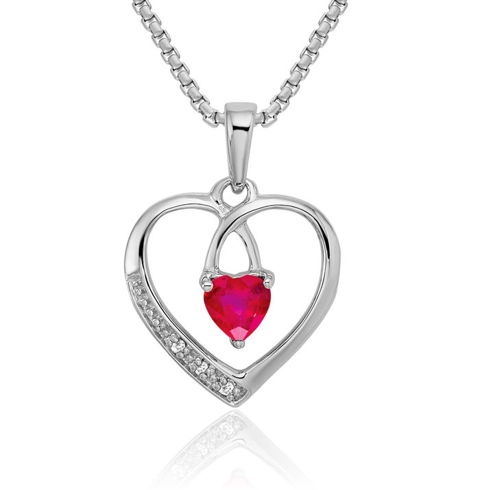 14K Solid White Gold Red Ruby Diamond Heart Necklace Charm Gemstone Pendant