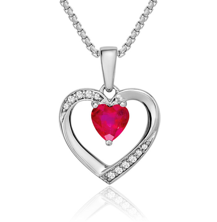 14K Solid White Gold Red Ruby Diamond Heart Necklace Charm Gemstone Pendant