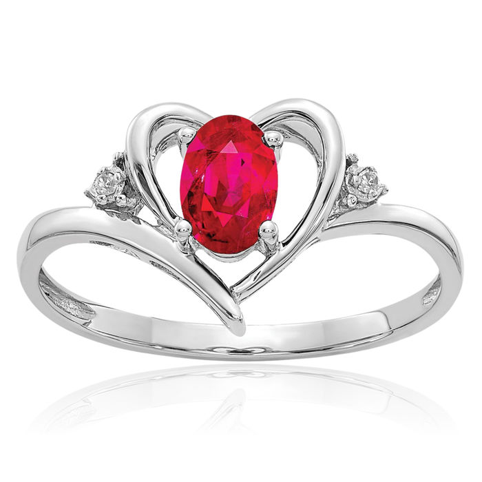 14K Solid White Gold Red Ruby Diamond Heart Ring Love Band July Birthstone Jewelry